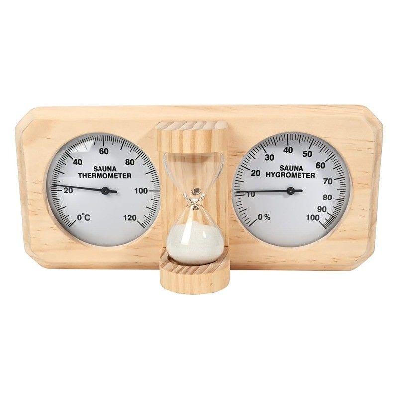 Modern Design 3 in 1 Wooden Sauna Thermometer and Hygrometer with 15 Minute Hourglass Sand Timer