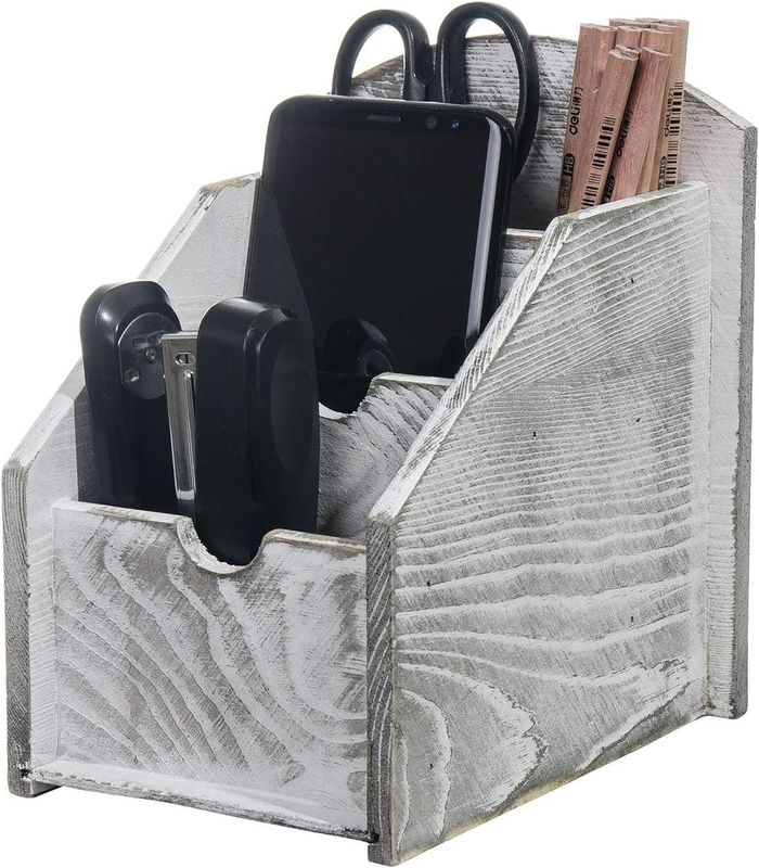 Office Supply Storage Rack Wooden Remote Control Frame Media Organizer in Rustic Style