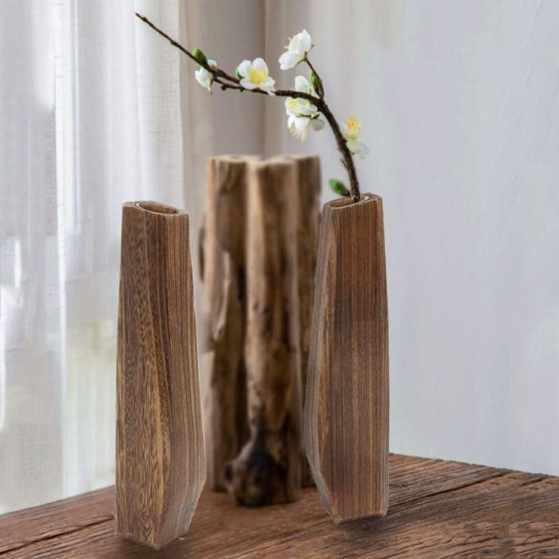 Indoor Decorations Wooden Vase with Handmade Design and Pure Color Glass Holder