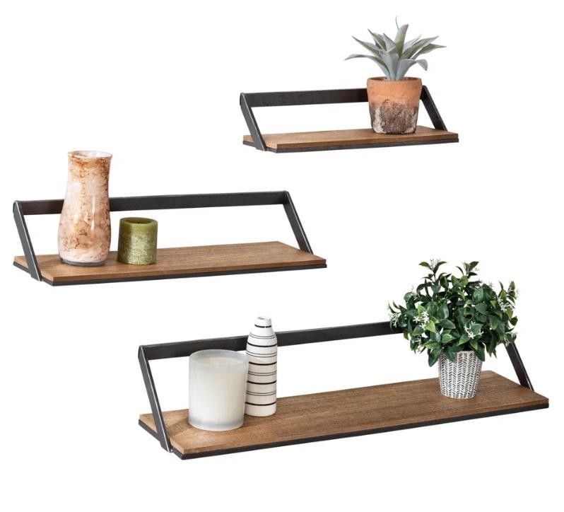Customized Logo Home Decoration Set Of 3 Black/Natural Wooden Wall Shelves Hanging Display Shelves