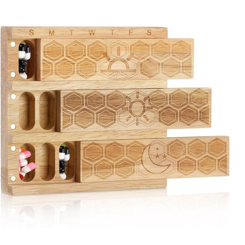 Compact Wood Weekly Pill Organizer Holder Daily Dispenser Pill Sorter Pill Containers