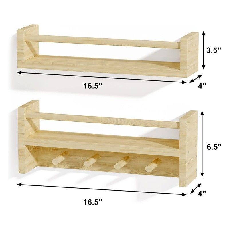 Wooden Hooks Bookshelf Natural Wood Wall Mounted Shelves for Nursery Decor Storage