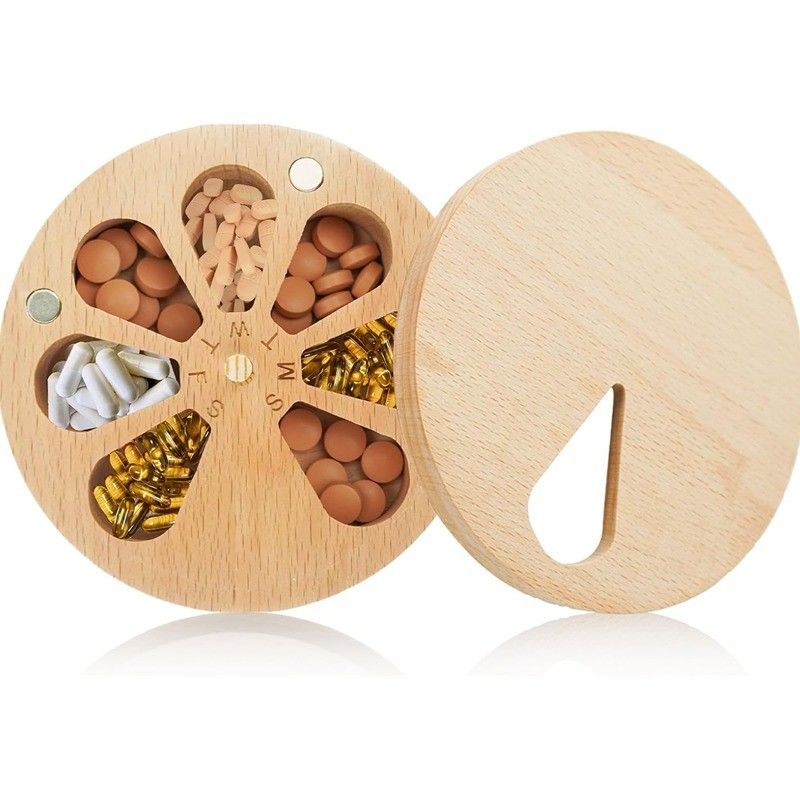 7-Day Pill Organizer Case Box Twist Top Design Wooden Pill Box for Medicine Vitamin Custom