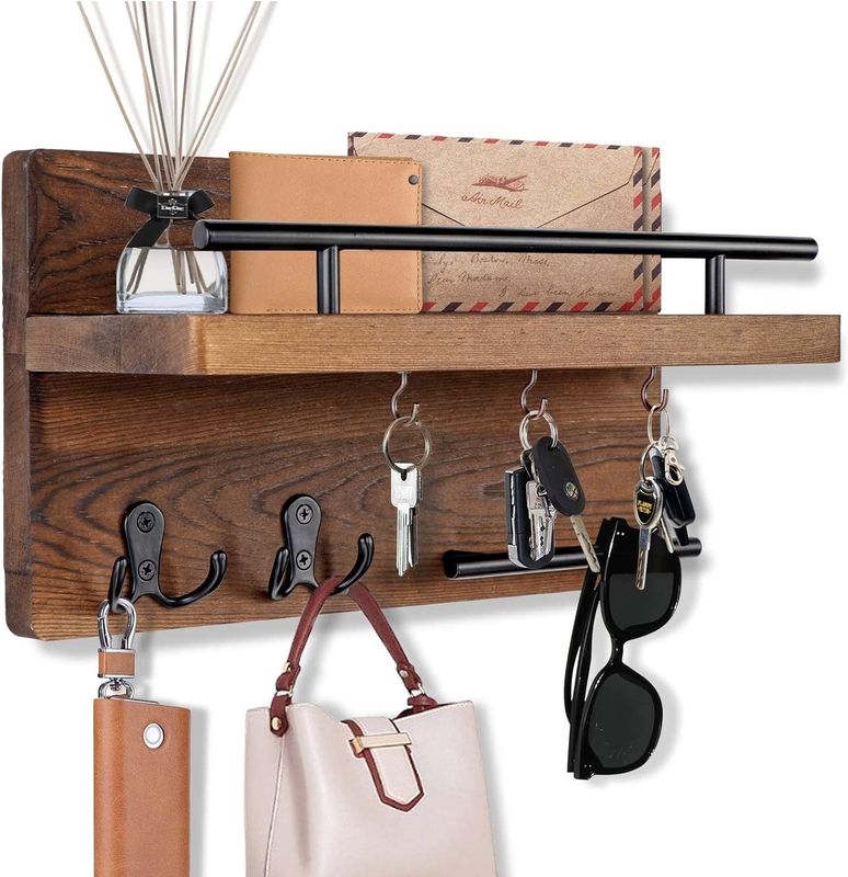 Walls Wooden Keychain Storage Shelf with 4 Double Hooks Rustic Farmhouse Entryway Decor