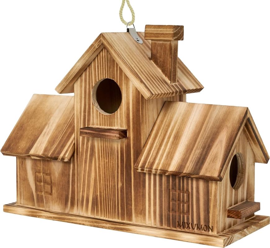 Wooden Outdoor 3 Hole Bird House Handmade from TIMBER for Garden Habitat