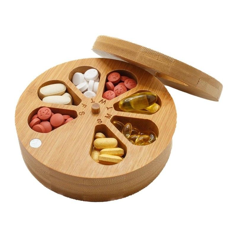 202405 Wood Daily Weekly Travel Pill Organizer and Pill Holder Vitamin Medicine Case Box