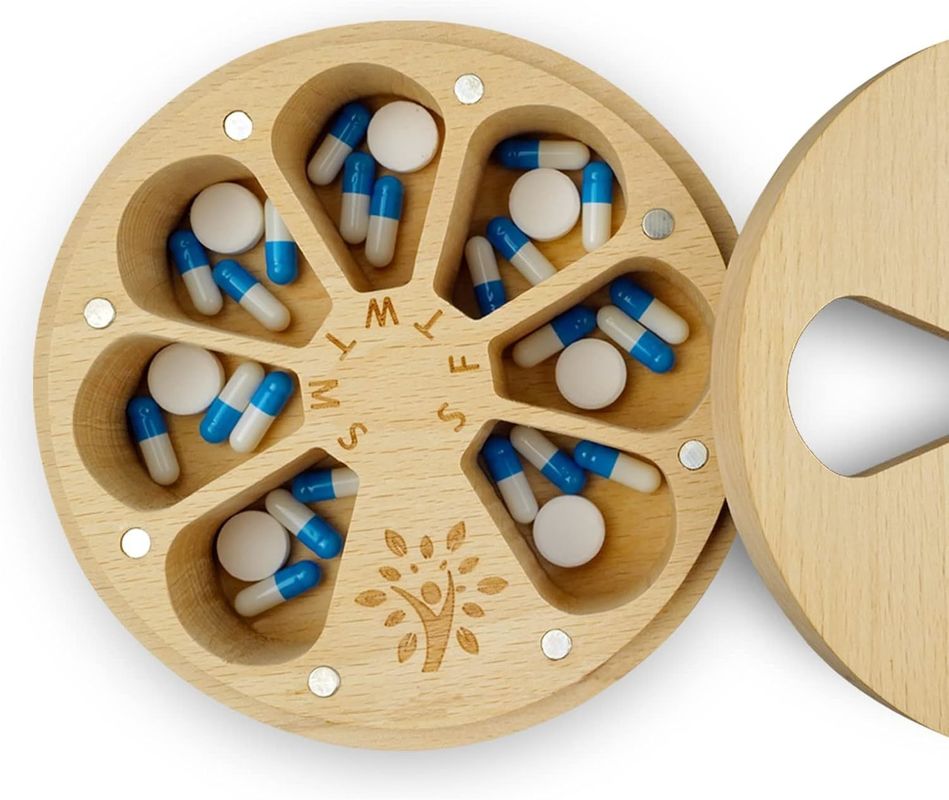 Customizable 7-Day Pill Holder Wood Weekly Pill Organizer for Medicine and Vitamins