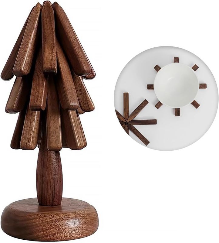 Tree Shape Trivet Set for Hot Dishes Black Walnut Coaster and Holder from Printing