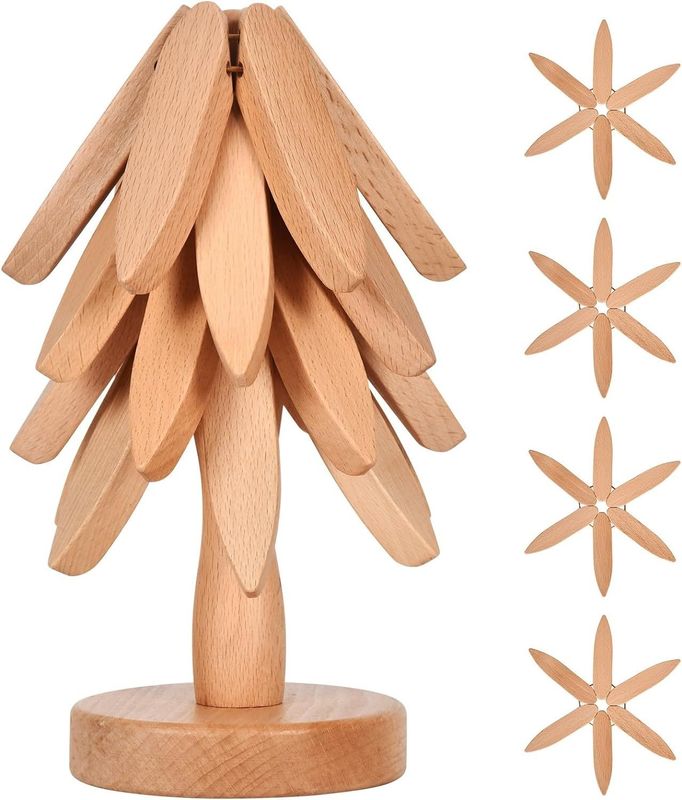 Silk-screen Printed Beech Wood Coaster and Holder for Hot Dishes Tree Shape Trivet Set
