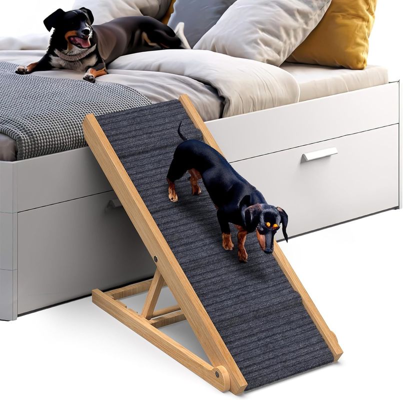 Adjustable Wooden Dog Ramp for Couch Pine Wood Printing laser engrave Removable Cover