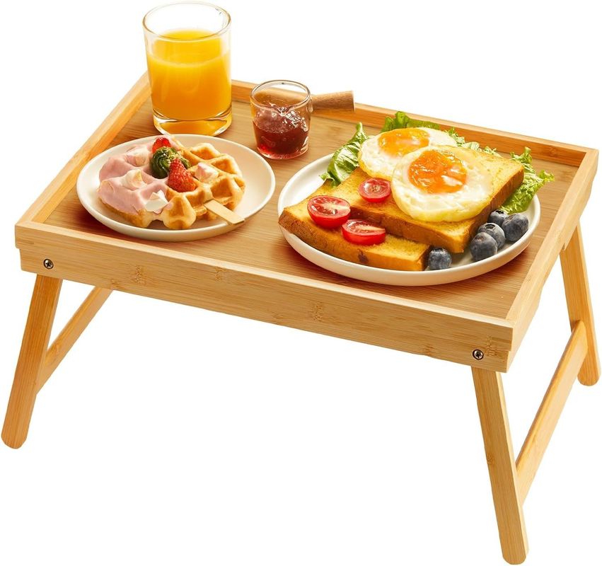 Breakfast Serving Bamboo Bed Tray Table Modern Design 16.92 x 12.6 Inch with Folding Legs