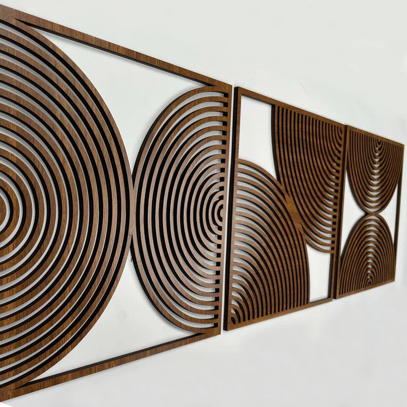 Set of 3 Boho Home Gift Large Wood Wall Art with Midcentury Modern Style and Custom Logo