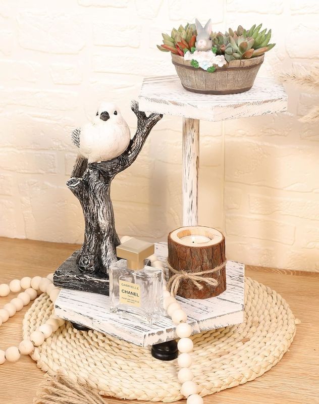 2-Tier Hexagonal Wooden Display Riser White Farmhouse Tray for Kitchen and Bathroom
