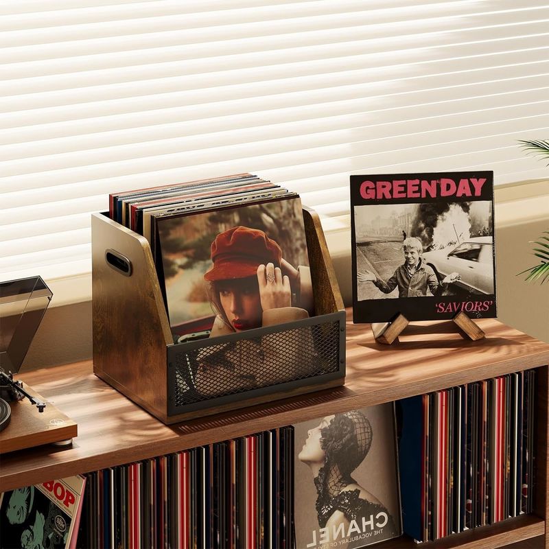 Retro Brown Vinyl Record Storage Box for Sturdy LP Record Crate and Functional Design