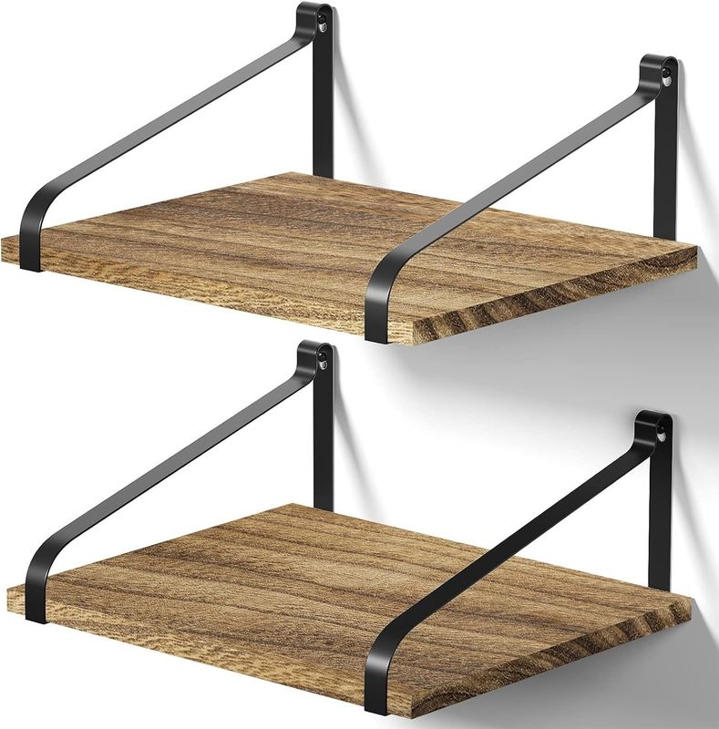 Modern Set Of 2 Carbonized Black Large Storage L16.5 X W12 Inch Rustic Wood Wall Floating Shelves