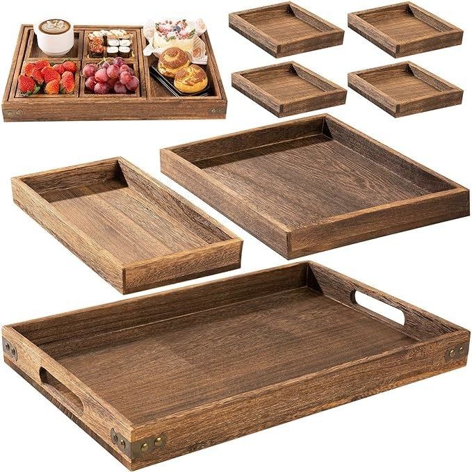 Set of 7 Acacia Wooden Serving Trays Rustic Style with Handle and Free Sample Charge
