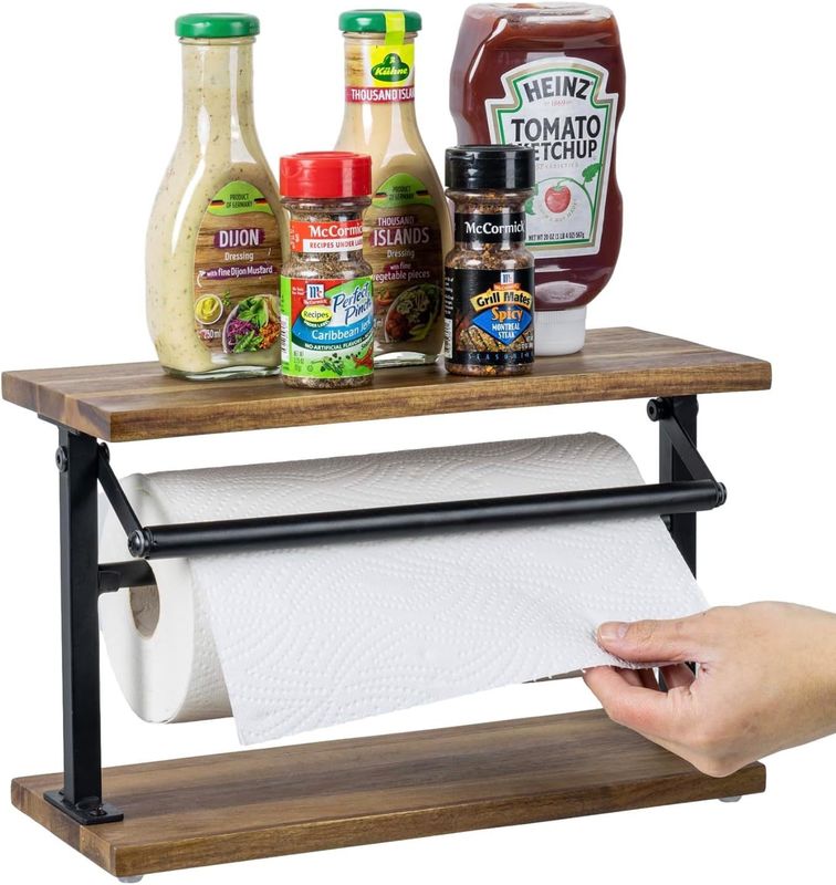 Upgrade Your Kitchen with This Solid Acacia Wood Paper Towel Holder and Top Display Shelf