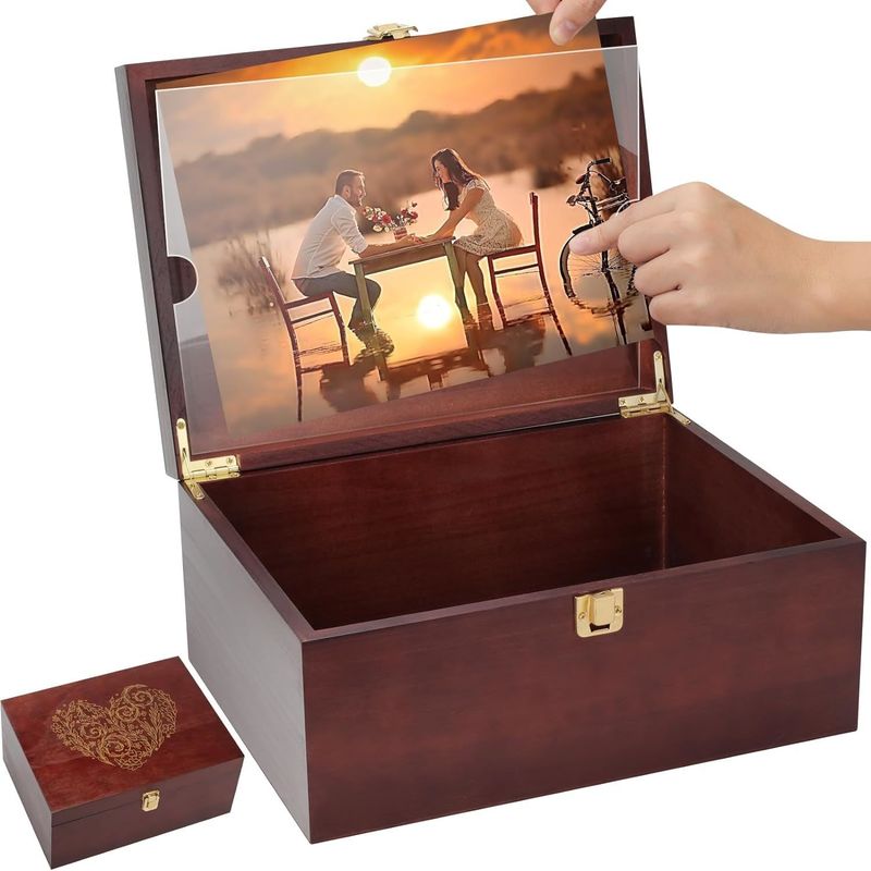 Large Wooden Keepsake Box with Hinged Lid and Photo Frame Elegant Wedding Memories