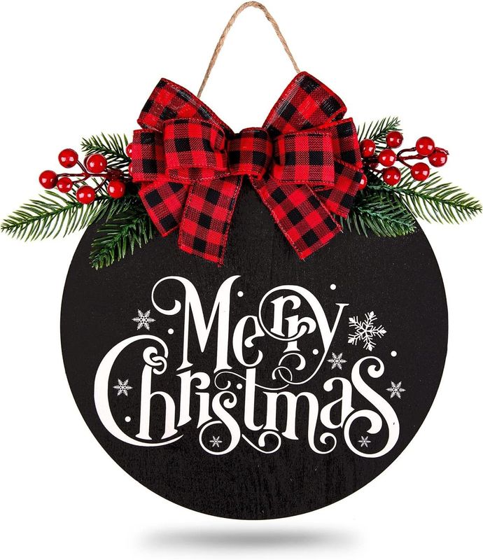 Round Wooden Hanging Sign for Front Door Merry Christmas Welcome Wood Sign Solid Wood