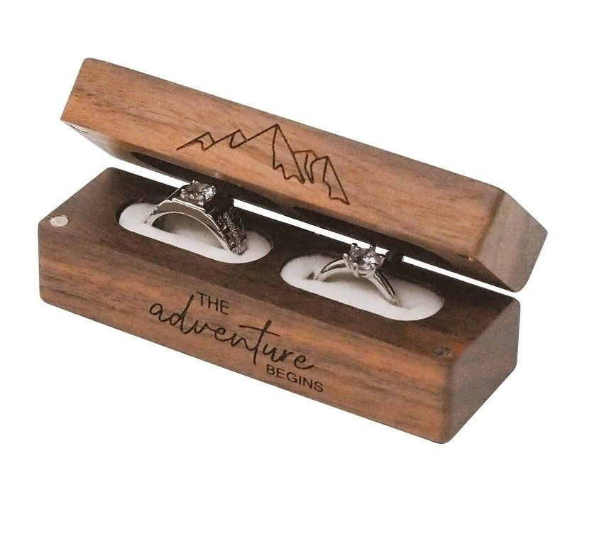Rustic Vintage Solid Wood Rectangle Jewelry Storage 2 Ring Box with TIMBER Engraving