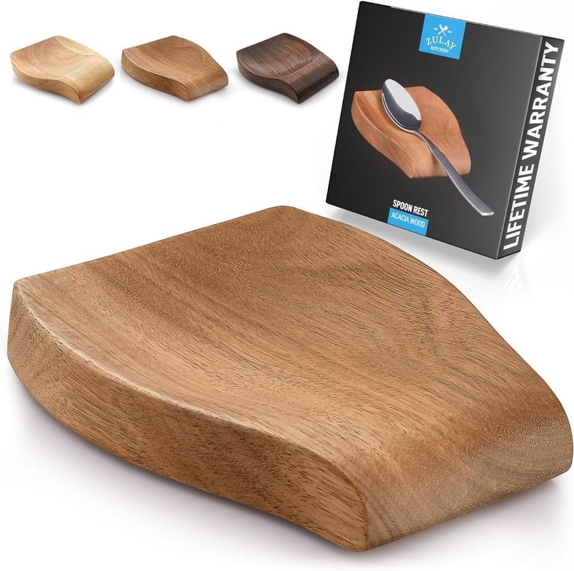 Gift Craft Industrial Acacia Wood Spoon Holder Rest for Kitchen Non Slip Silicone Feet