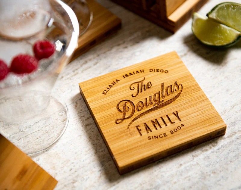 Family Name Coasters with Optional Holder Made of Bamboo Beech Walnut Oak MDF or Pine