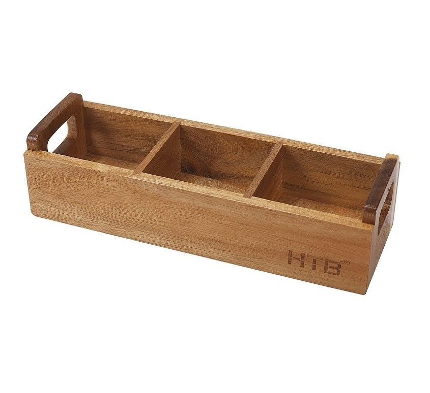 Acacia Wood Tea Bag Box with Handle 3 Compartments Mini Countertop Storage Container