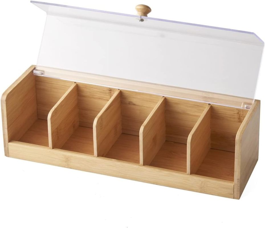 100 Tea Packet Capacity Wooden Tea Box Natural Wooden Bamboo 5 Compartment Organizer