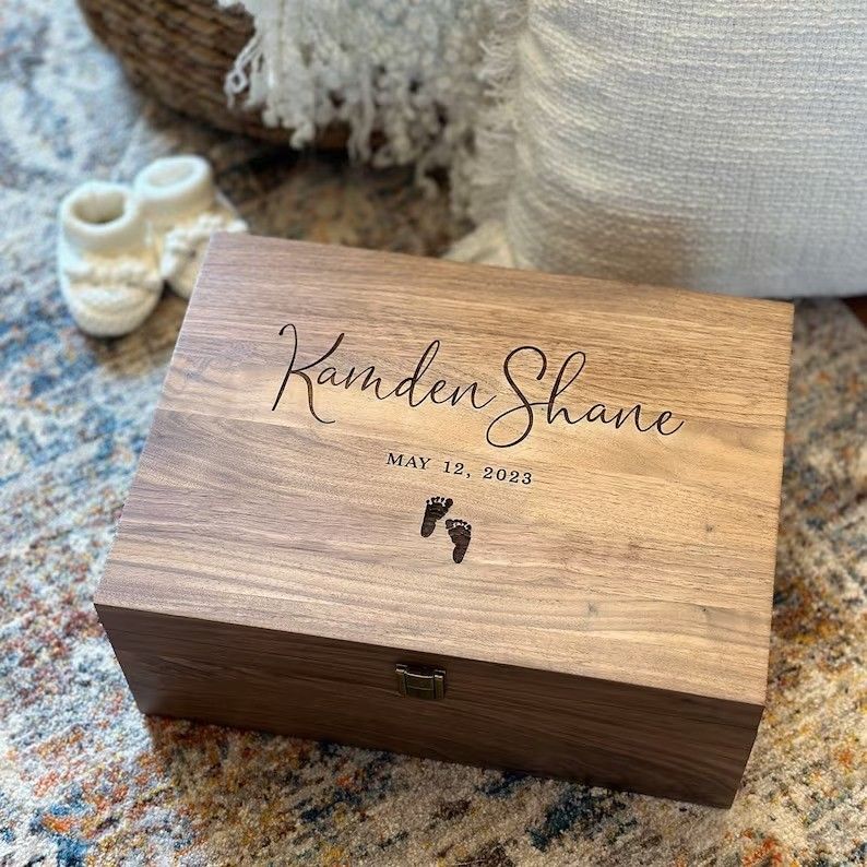 Wooden Baby Memory Keepsake Box Handmade Walnut Personalized Gift for Baby's Memories
