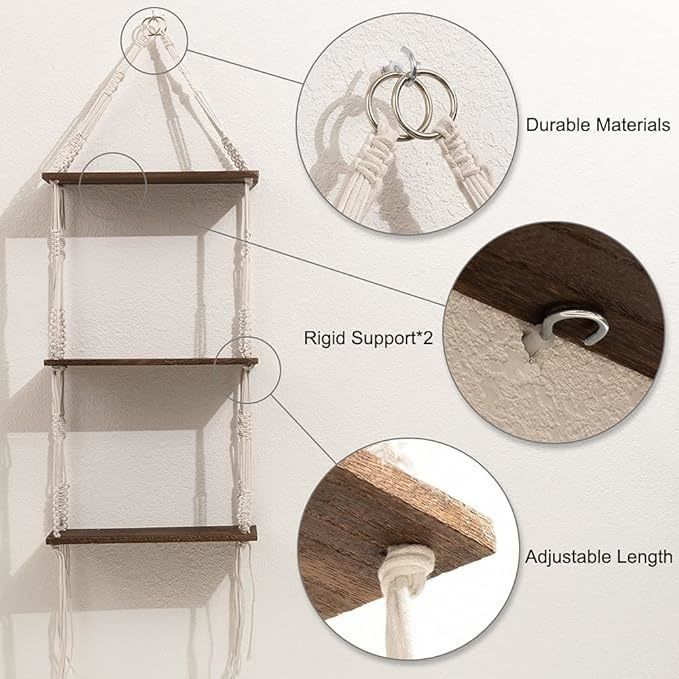 Home Furniture 3 Tier Macrame Wall Hanging Shelf with Wooden Floating Storage Shelves