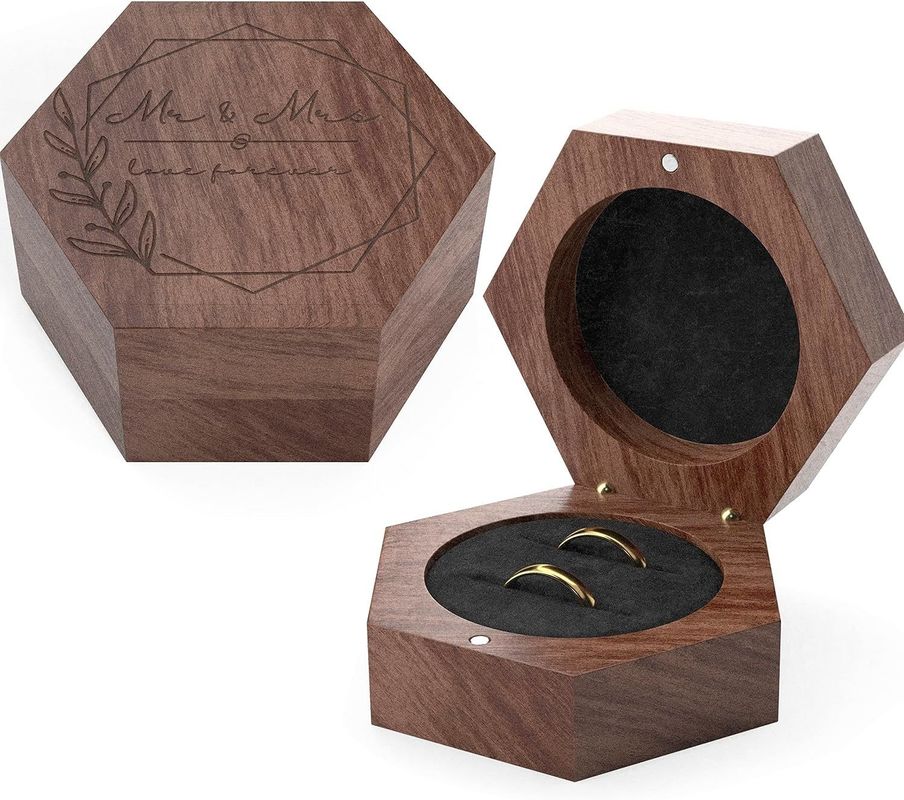 Solid Wood Custom 2 Slots Gift Packaging With Logo Wooden Ring Box for Engagement Ring