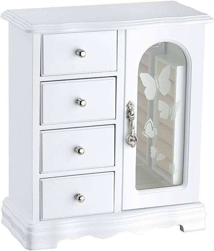 Handmade White Solid Wood Jewelry Box with 4 Drawers Large Mirror and Necklace Carousel