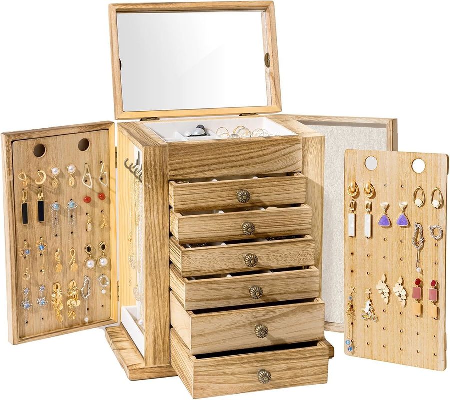 Large 7-Layer Wooden Jewelry Box With Mirror For Earrings Bracelet Necklace Watch Ring