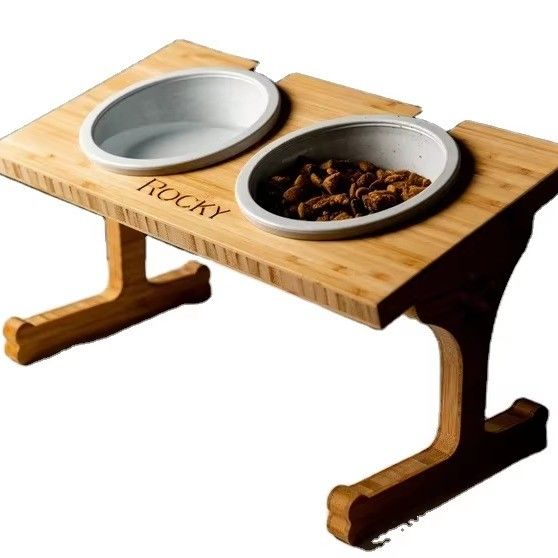15-Degree Tilt Pet Bowl Stand Customized Wood Printing Laser Engrave Two Removable Bowls