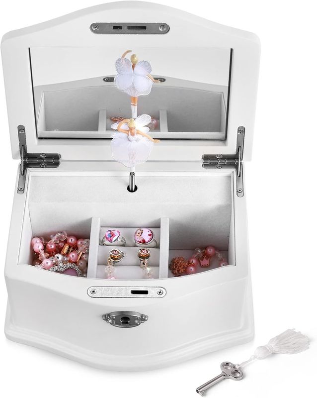 Medium White Wooden Ballerina Jewelry Box With Mirror For Personalized Organization