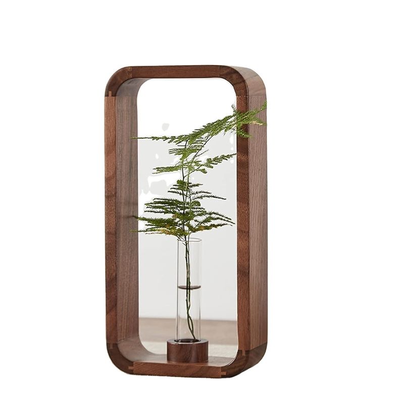 202405 Transparent Glass Vase Plant Holder with Walnut Wood Frame A Stunning Decor Piece