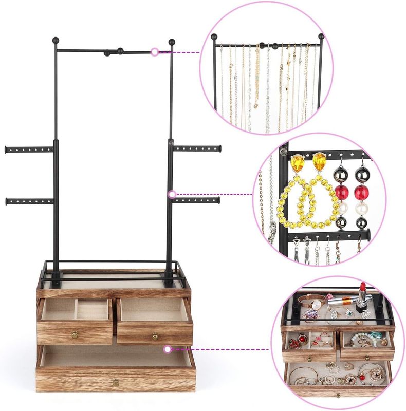 Plain Wooden Box Custom 6 Tier Jewelry Tree Stand with 2 Layer Jewelry Drawer Storage