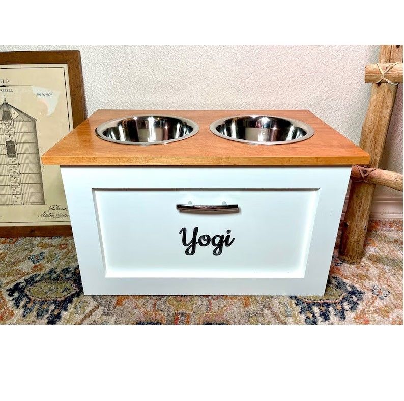 Small Pets Animals Feeding Station Age Pet 2 Bowl Raised Elevated Dog Feeder with Drawer