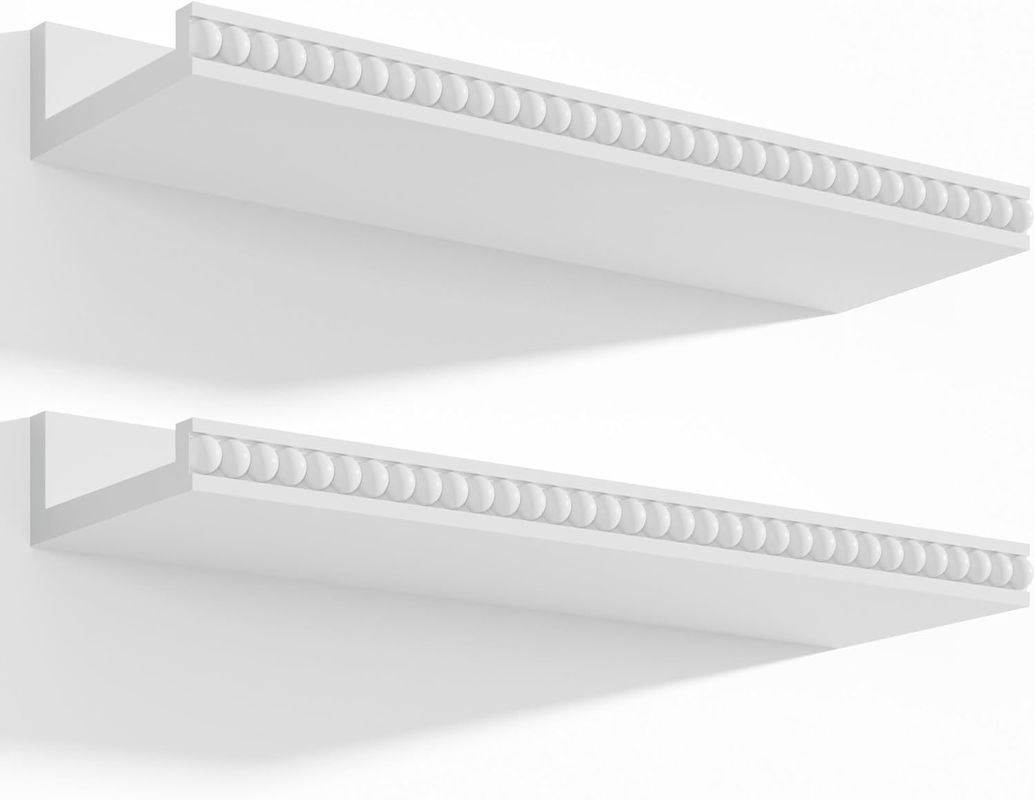 Wooden Beads and Lip Design Floating Shelves Set of 2 Modern White for Multifunction