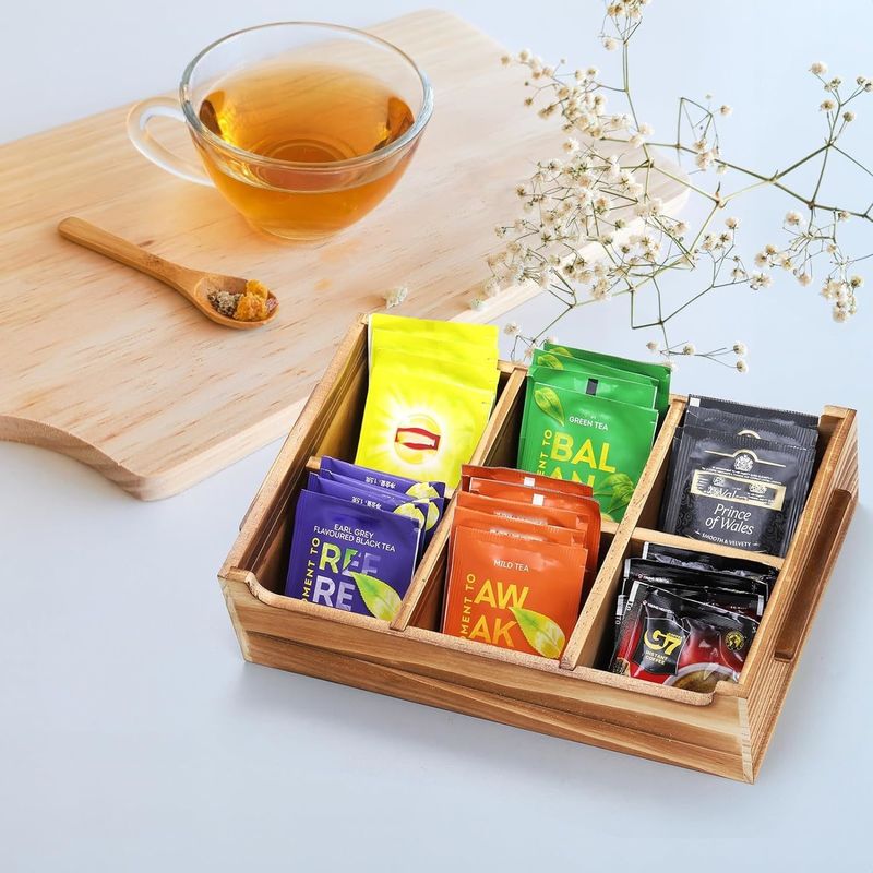 6 Compartment TIMBER Wood Tea Bag Chest for Gift Package and Sugar Packet Organizer