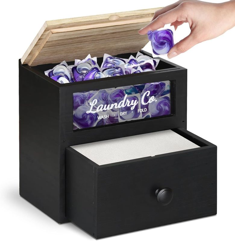 MDF Wood Customized Solid Wood Dryer Sheet Holder Laundry Pods Container Storage Box