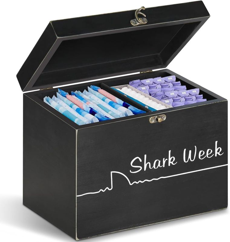 Shark Week Tampon Storage Box with Tray Lid Wood Carved Feminine Product Organizer