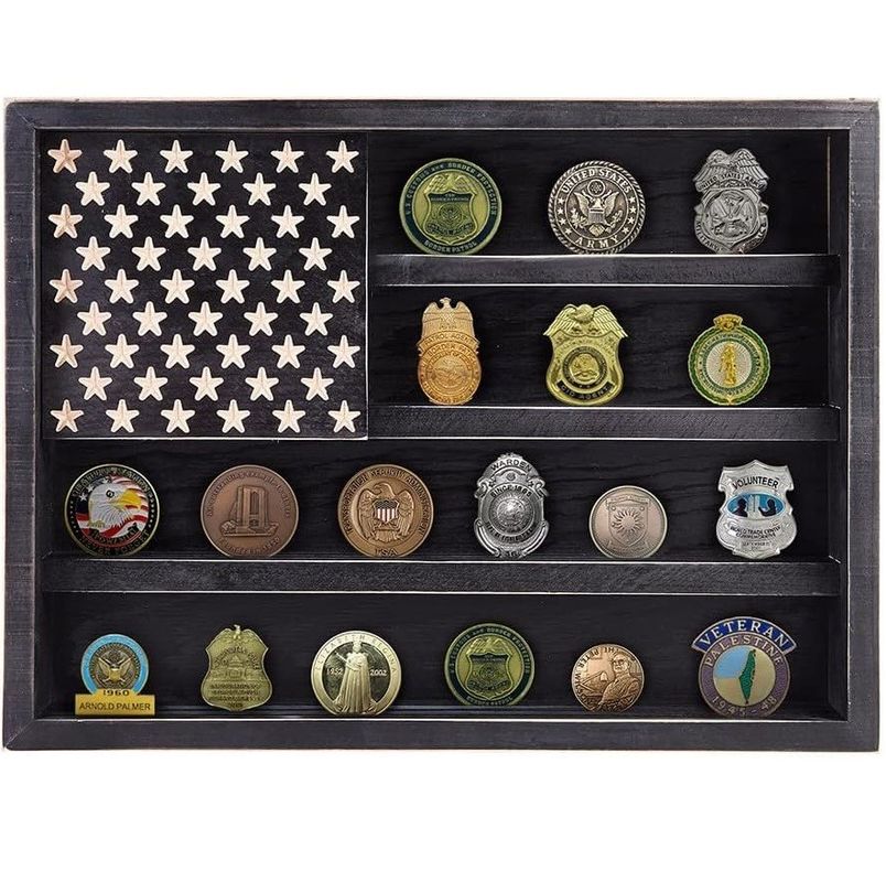 Government Military Challenge Coin Rack Display with Wooden American Flag Wall Decor
