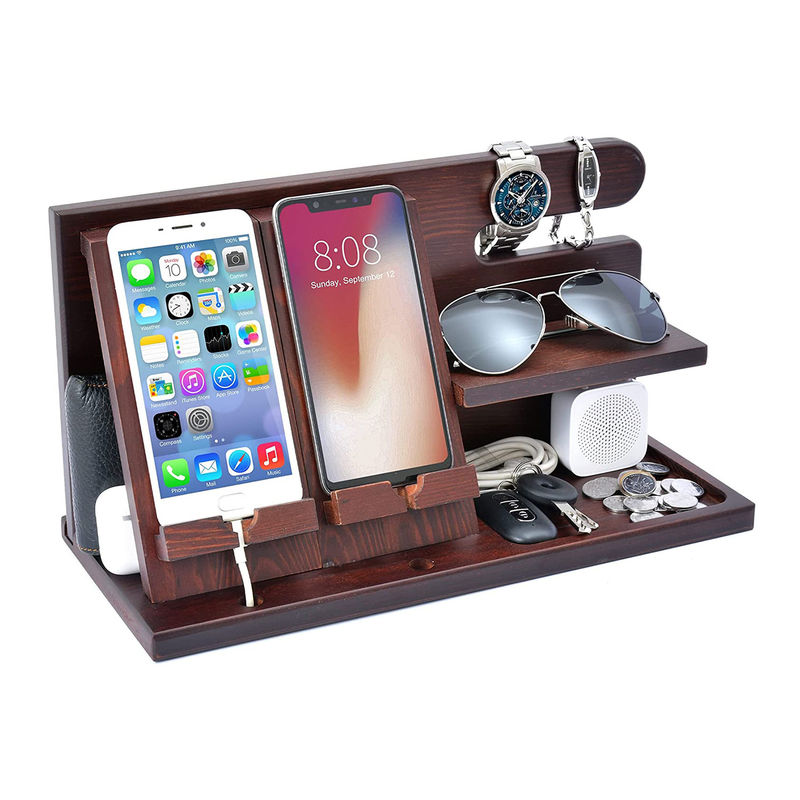 Customized Logo Wooden Phone Stand Organizer for Men Wallet Watch Docking Station