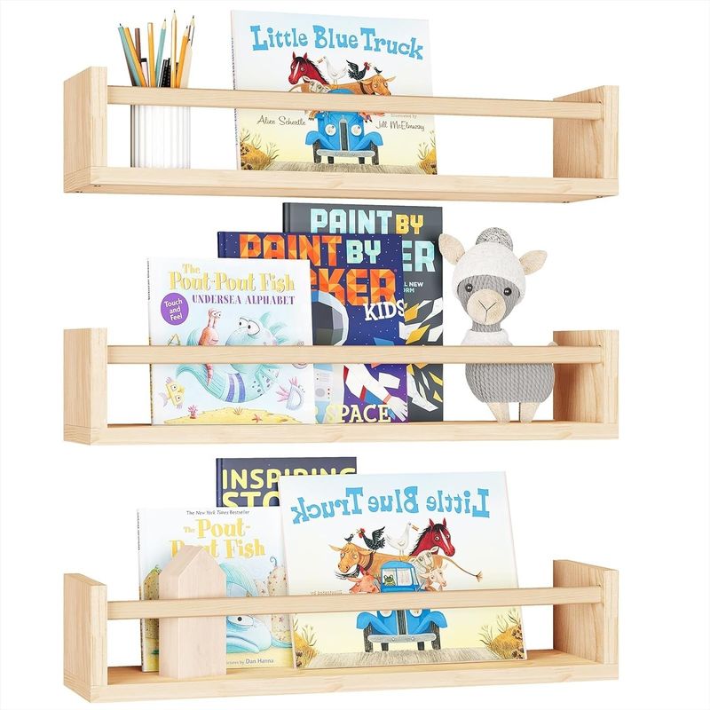 Solid Wood Style Floating Book Shelves for Wall Storage and Kids Room Organizer