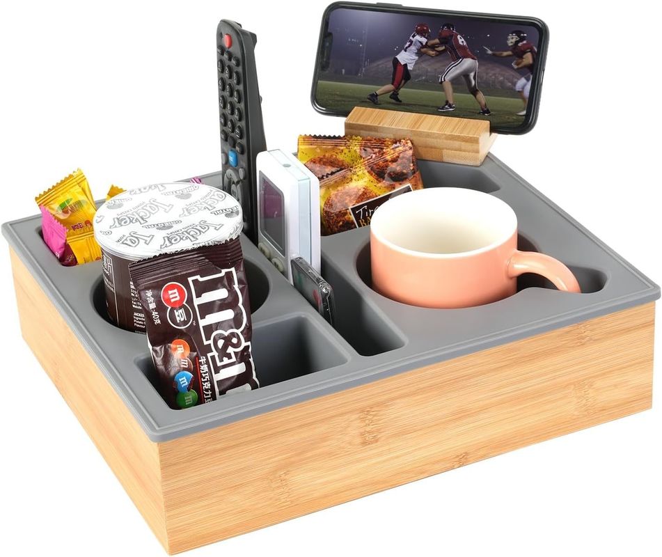 Rotatable Phone Holder Wooden Silicone Bamboo Couch Cup Holder Tray Organizer for Bed Snacks Customized Logo Acceptable