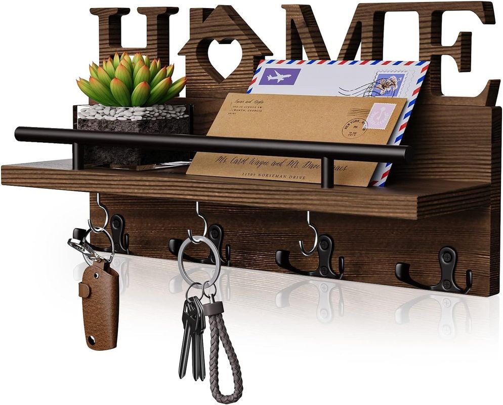 Double Tier Wooden Mail and Key Holder for Wall Decorative Entryway Organizer