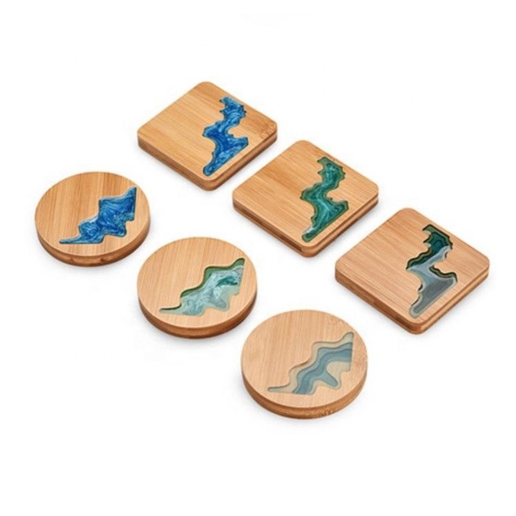 10Cm Live Edge Bamboo Square Resin Wooden Epoxy Wood Coaster Resin River Blue Emerald