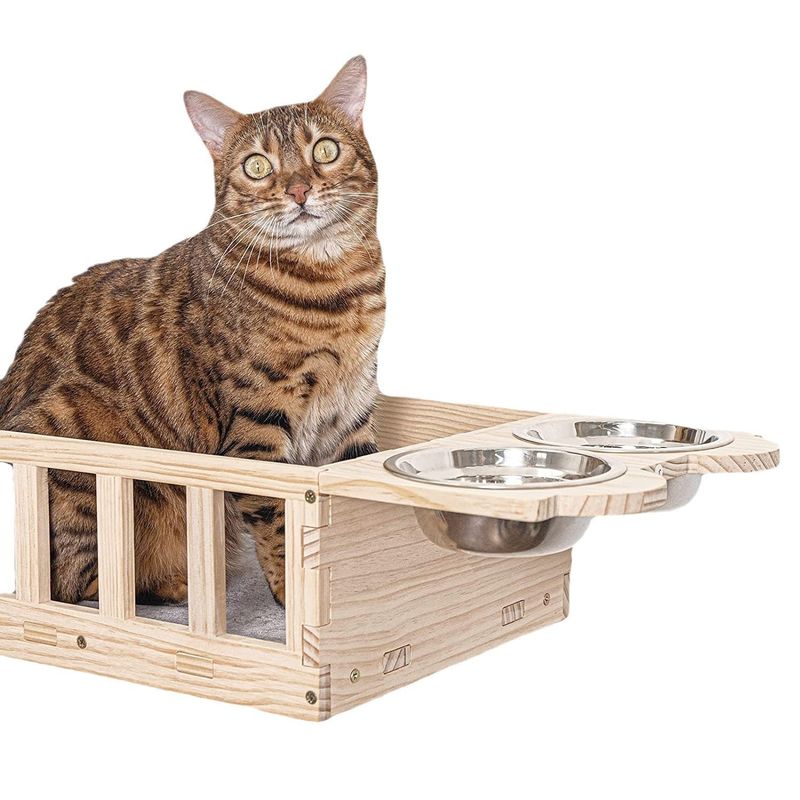 Modern Design Style Wall Mounted Wood Cat Feeder Shelf With Two Bowls Custom Service