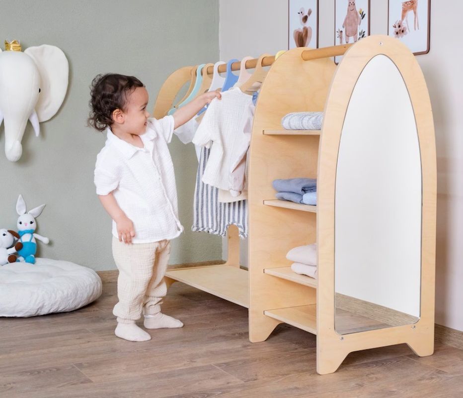 Home Furniture Montessori Kids Clothing Rack Wardrobe with Mirror and High Quantity